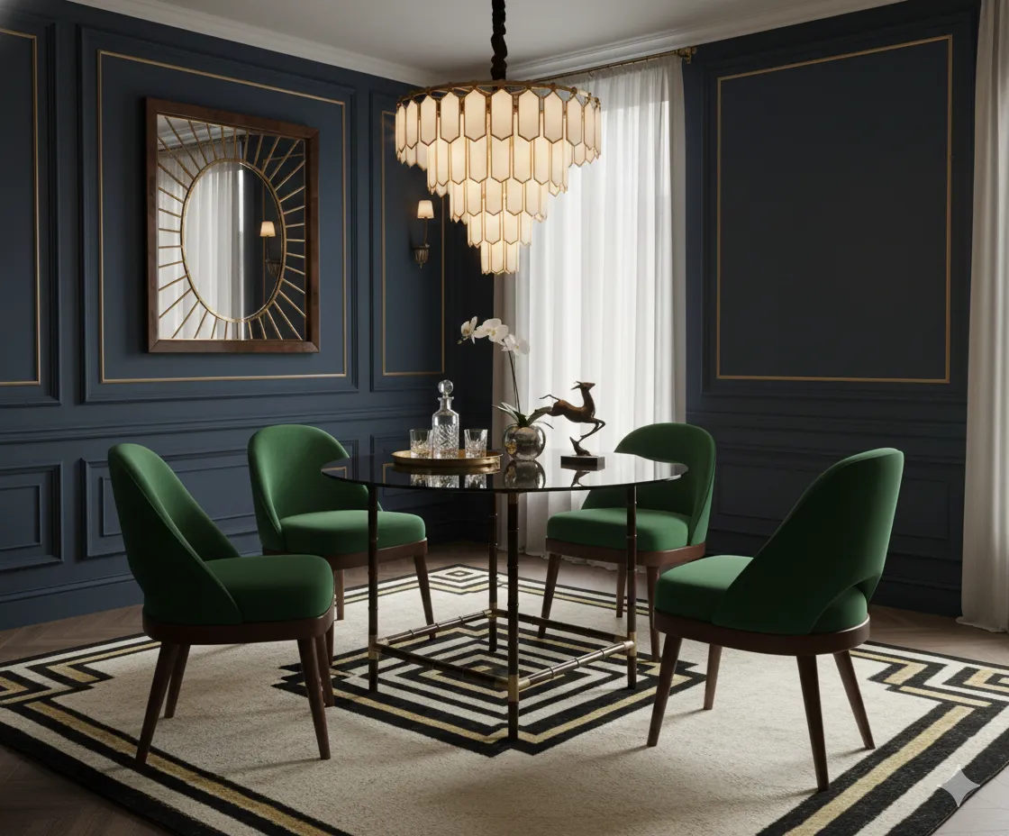 Mesa de comedor antigua de William Haines con sillas verdes en un ambiente elegante.