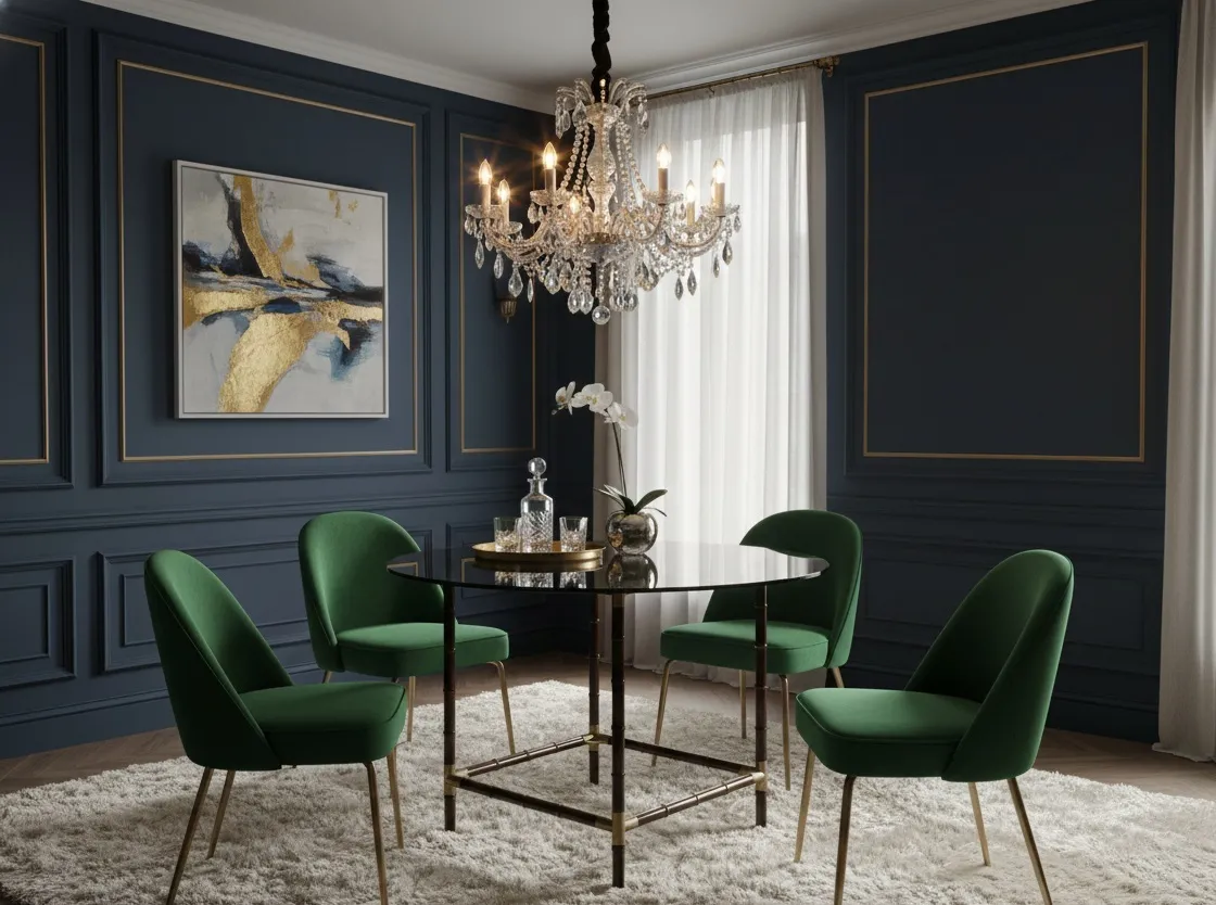 Table à manger antique avec chaises vertes dans un décor élégant