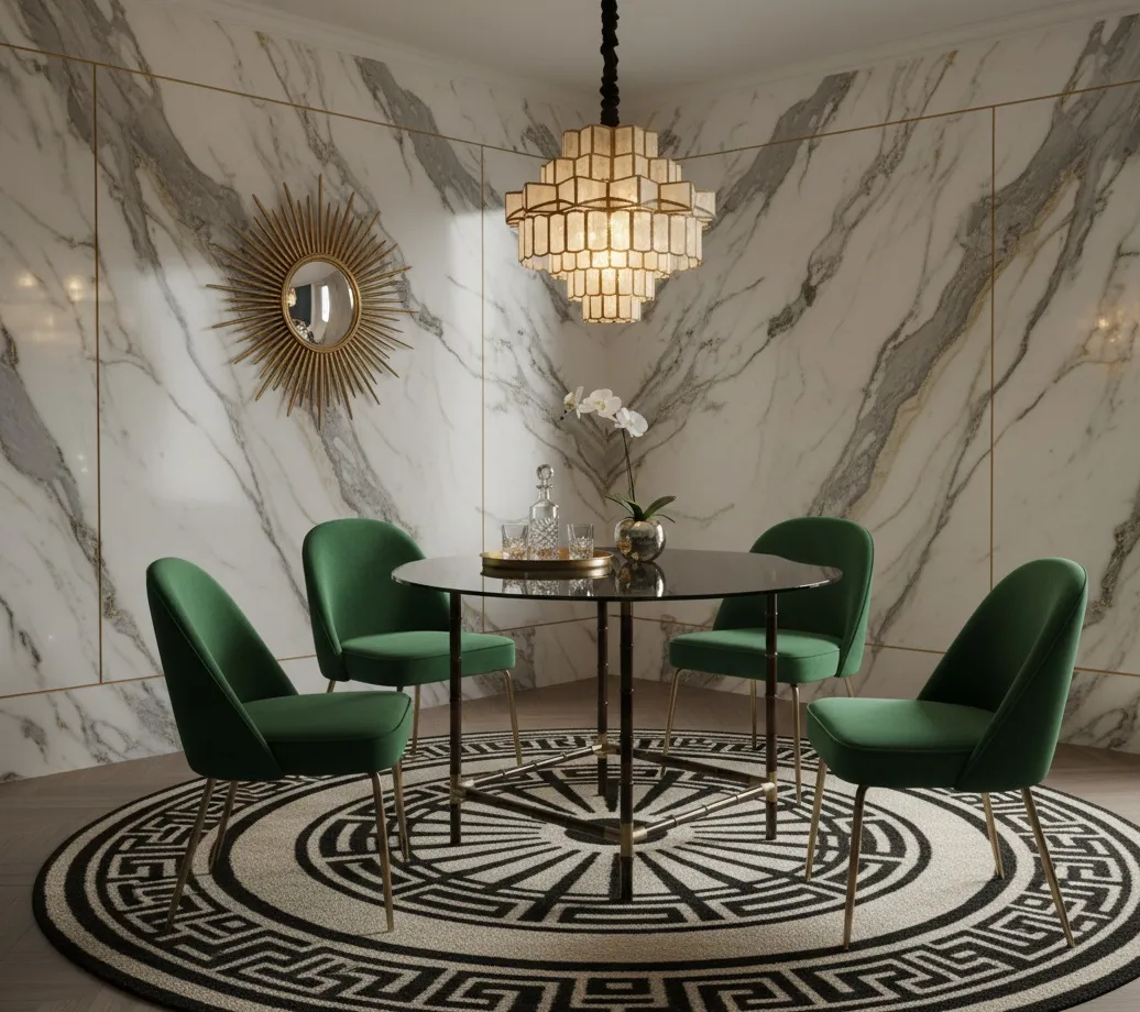 mesa de jantar antiga de William Haines com cadeiras verdes, decorada em um ambiente elegante.