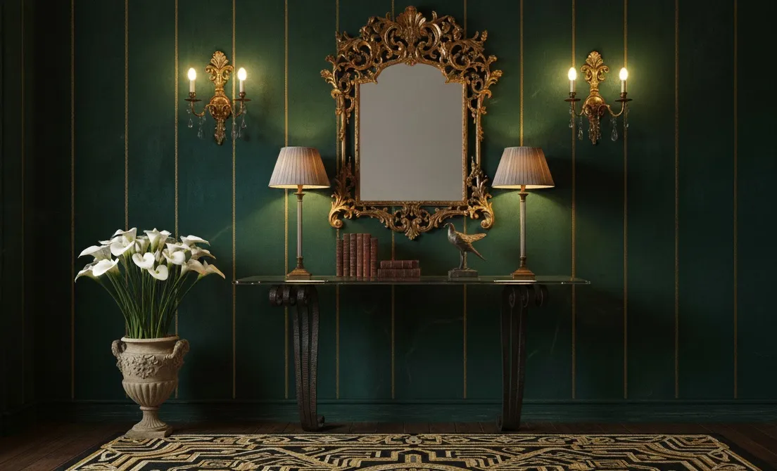 Console antique décorative avec lampes et fleurs