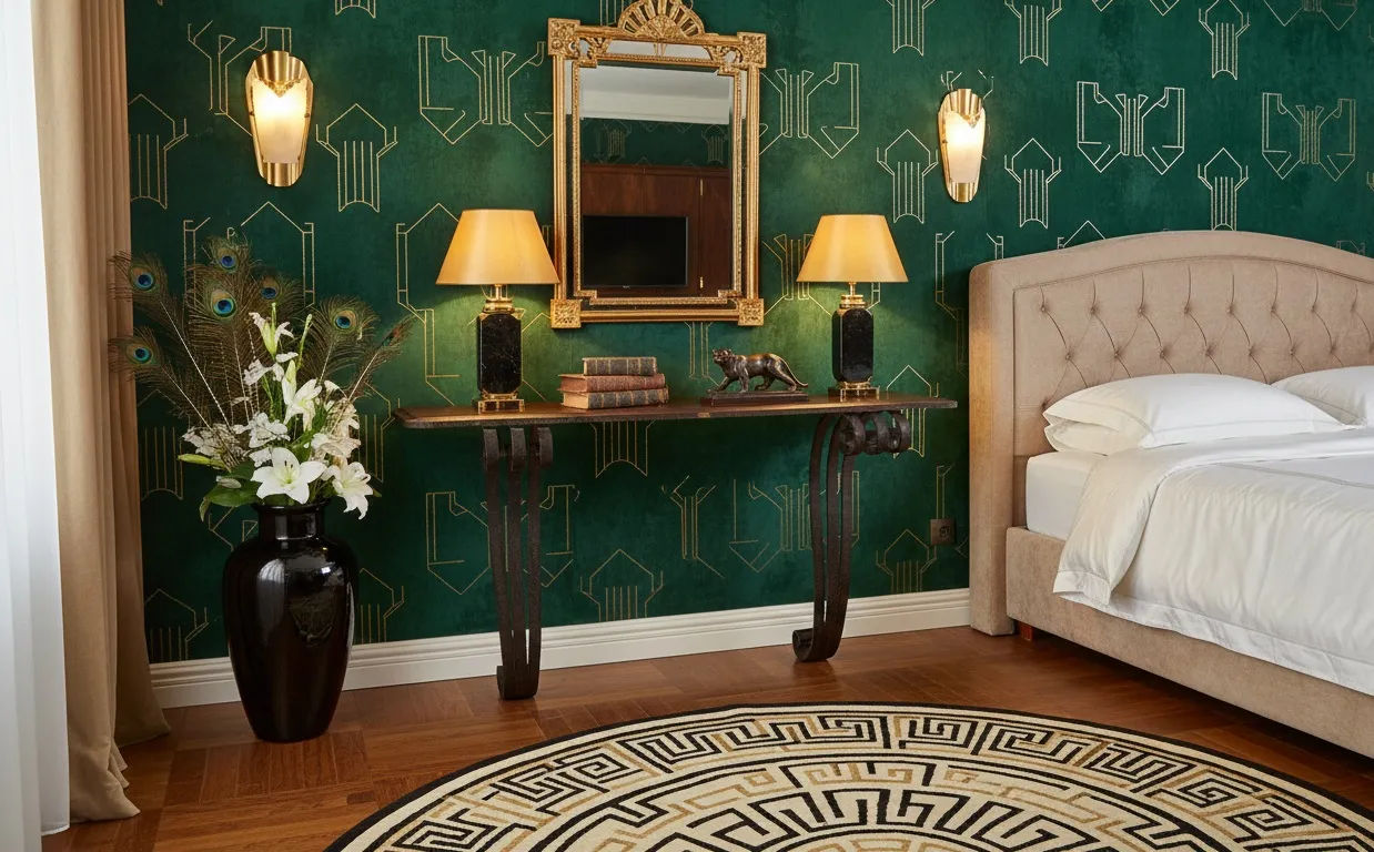 Consola antiga decorada em uma sala de estar elegante com flores e lâmpadas.