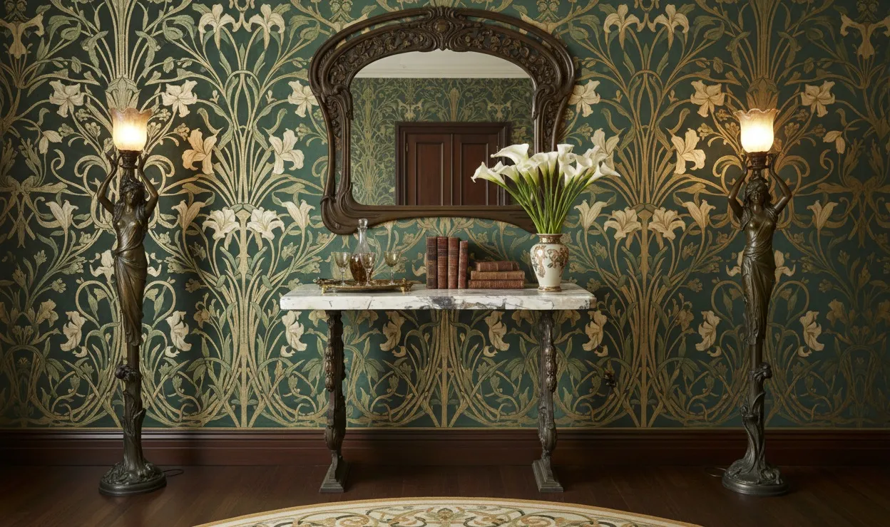 antica consolle decorativa con specchio e fiori