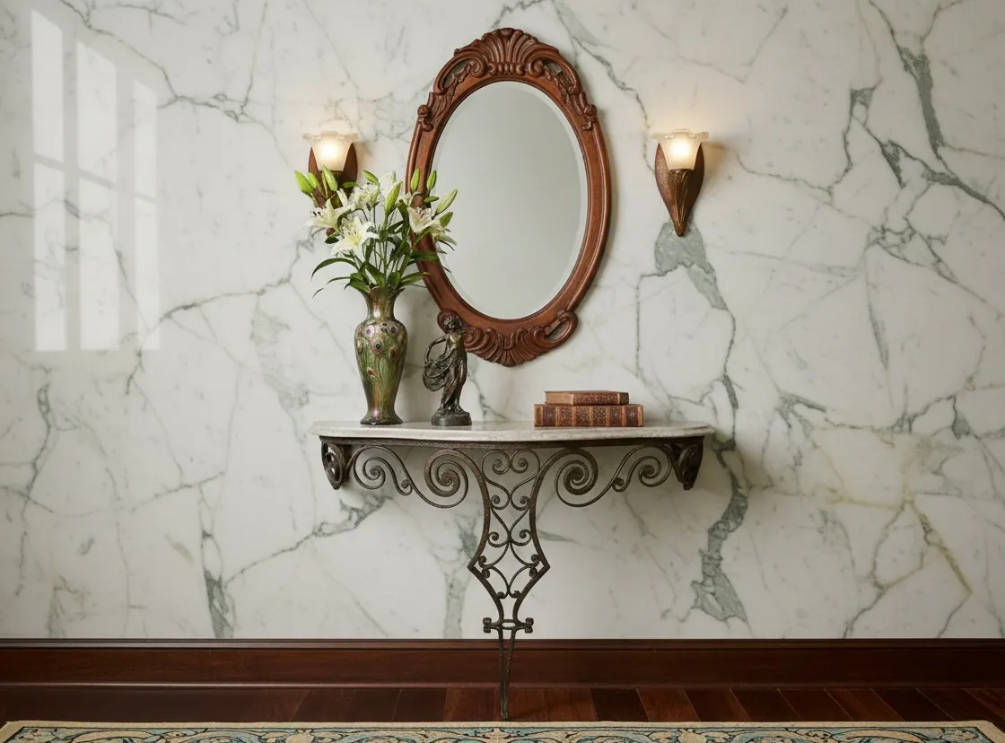 Dresuar ancien de style Art Nouveau avec miroir et fleurs.