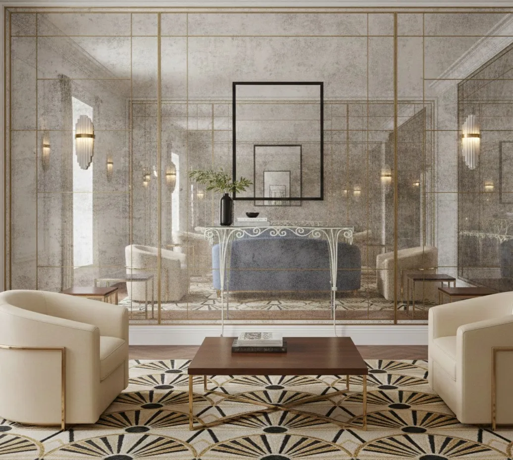 고전 콘솔이 세련된 디테일로 아늑한 환경에 배치되어 있습니다.