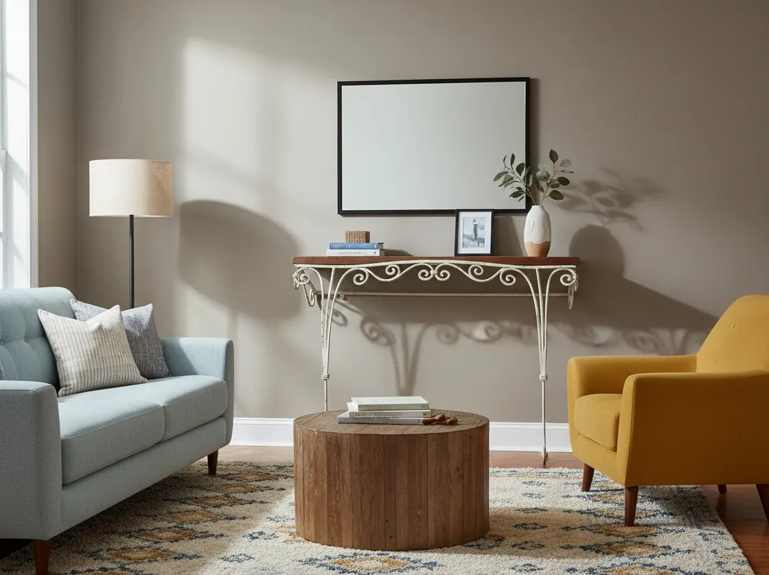 view of an antique console with decorative shelf