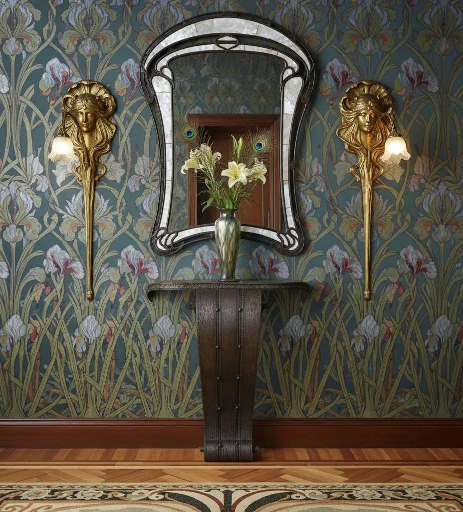 Consola antigua con espejo decorativo y flores