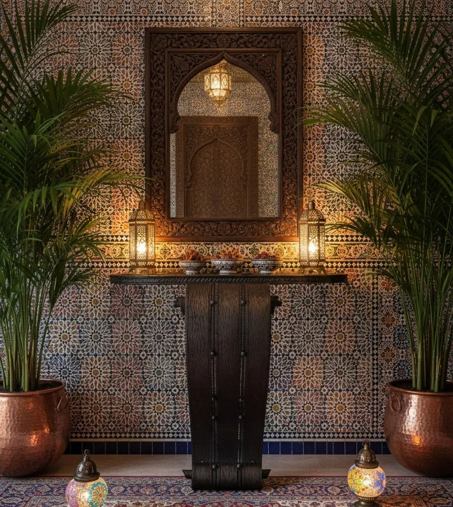 antigua consola art deco con espejo, decorada con plantas