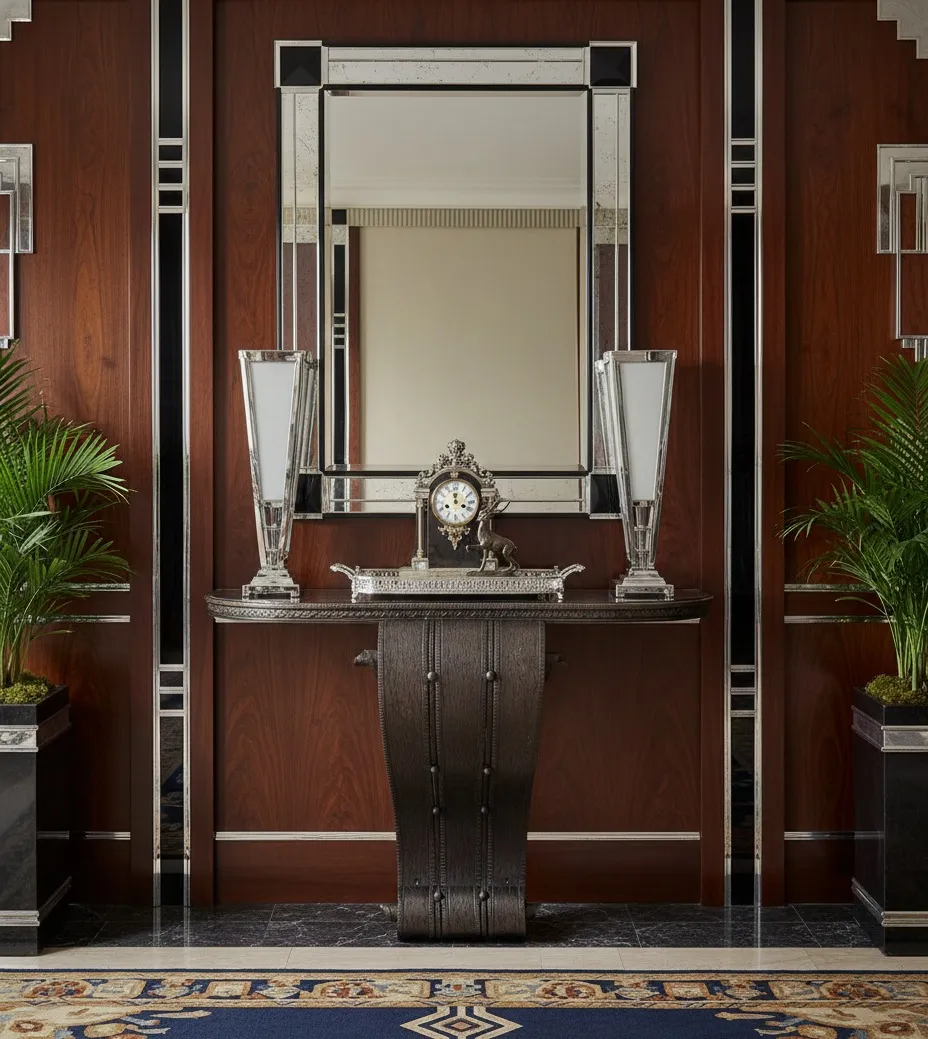 Antica console art deco con specchio e decorazione elegante.