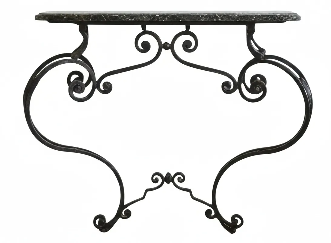 mesa console antiga com pernas curvas e tampo de mármore