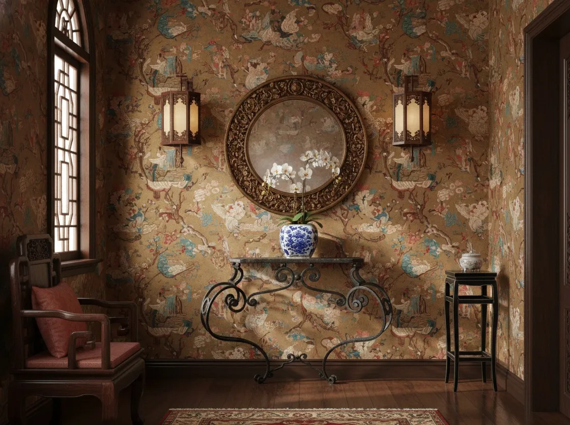 antigua consola decorativa negra con ornamentos art nouveau en un ambiente acogedor