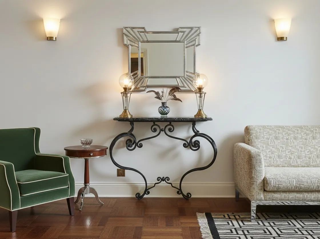 Antigua consola estilo Art Nouveau, con lámparas y espejo