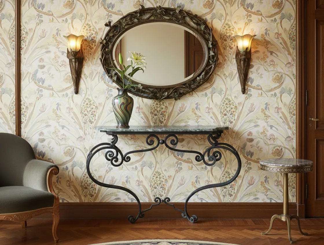 Consola antiga com detalhes art nouveau e espelho