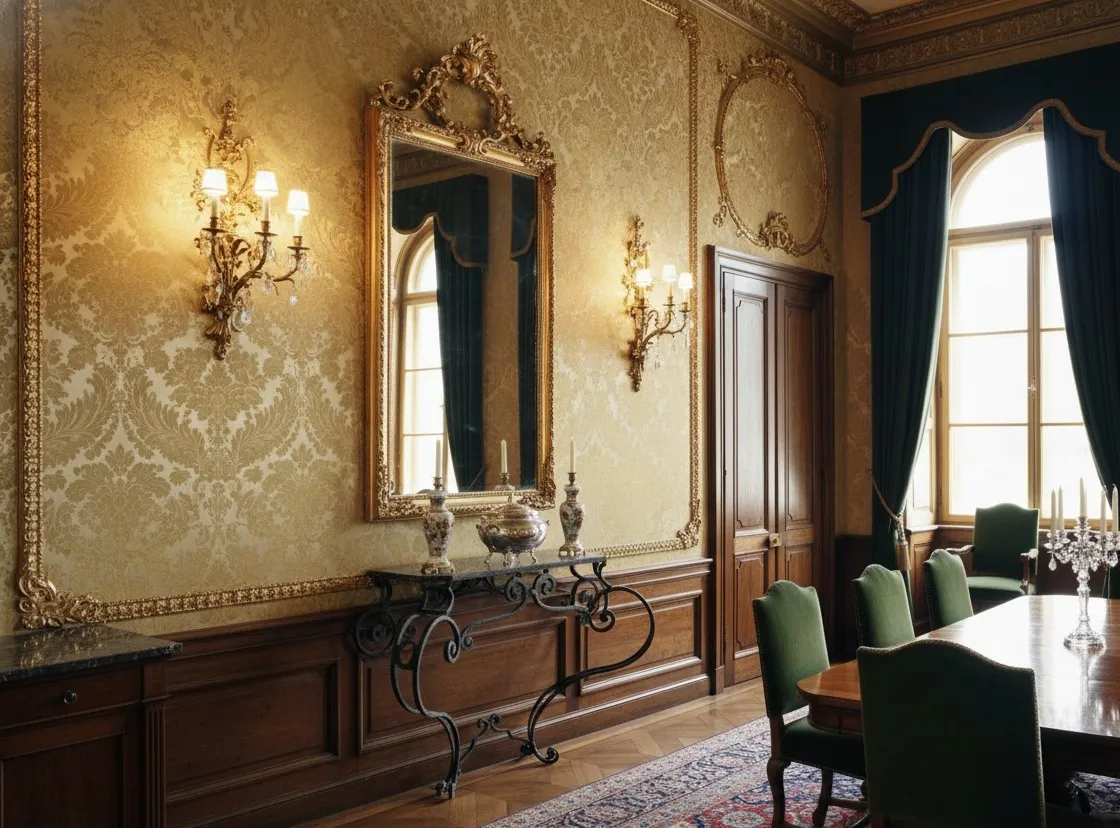 Ancienne console décorative dans un cadre élégant avec des miroirs.