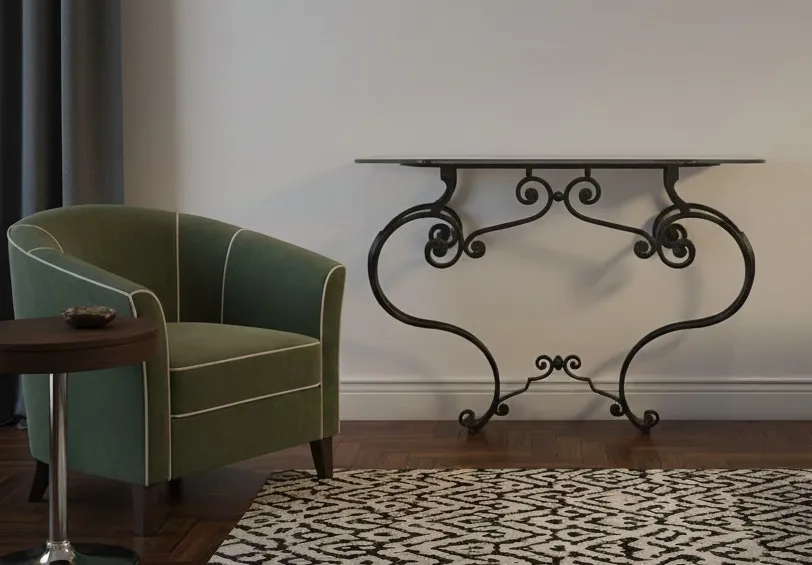 Table console antique avec design artistique élégant en arrière-plan