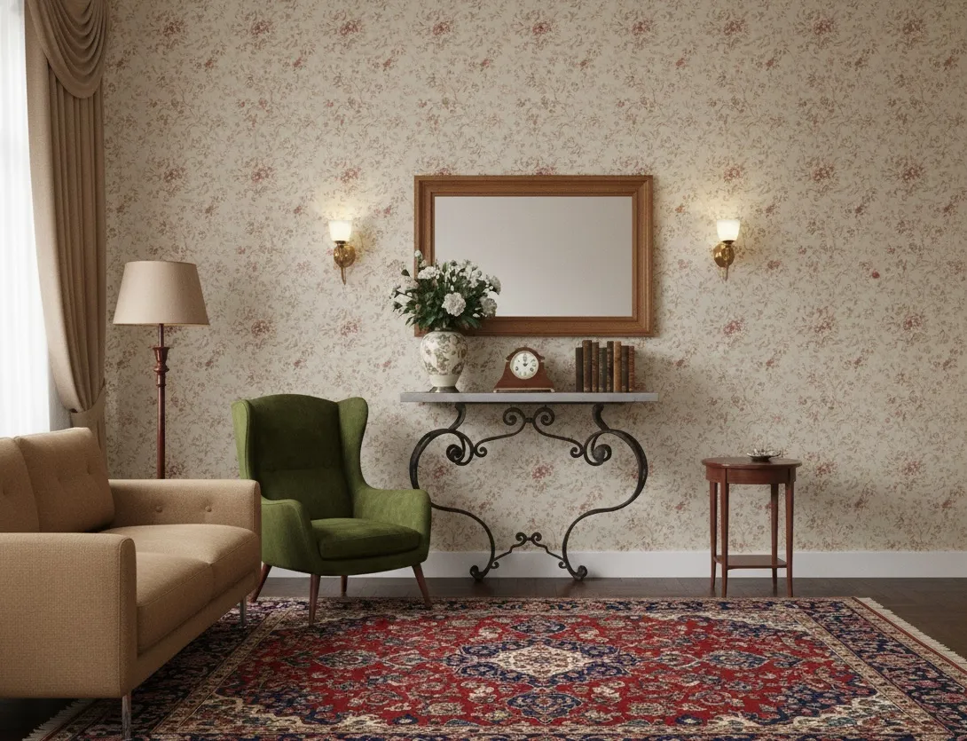 装饰性古董控制台与镜子和花卉