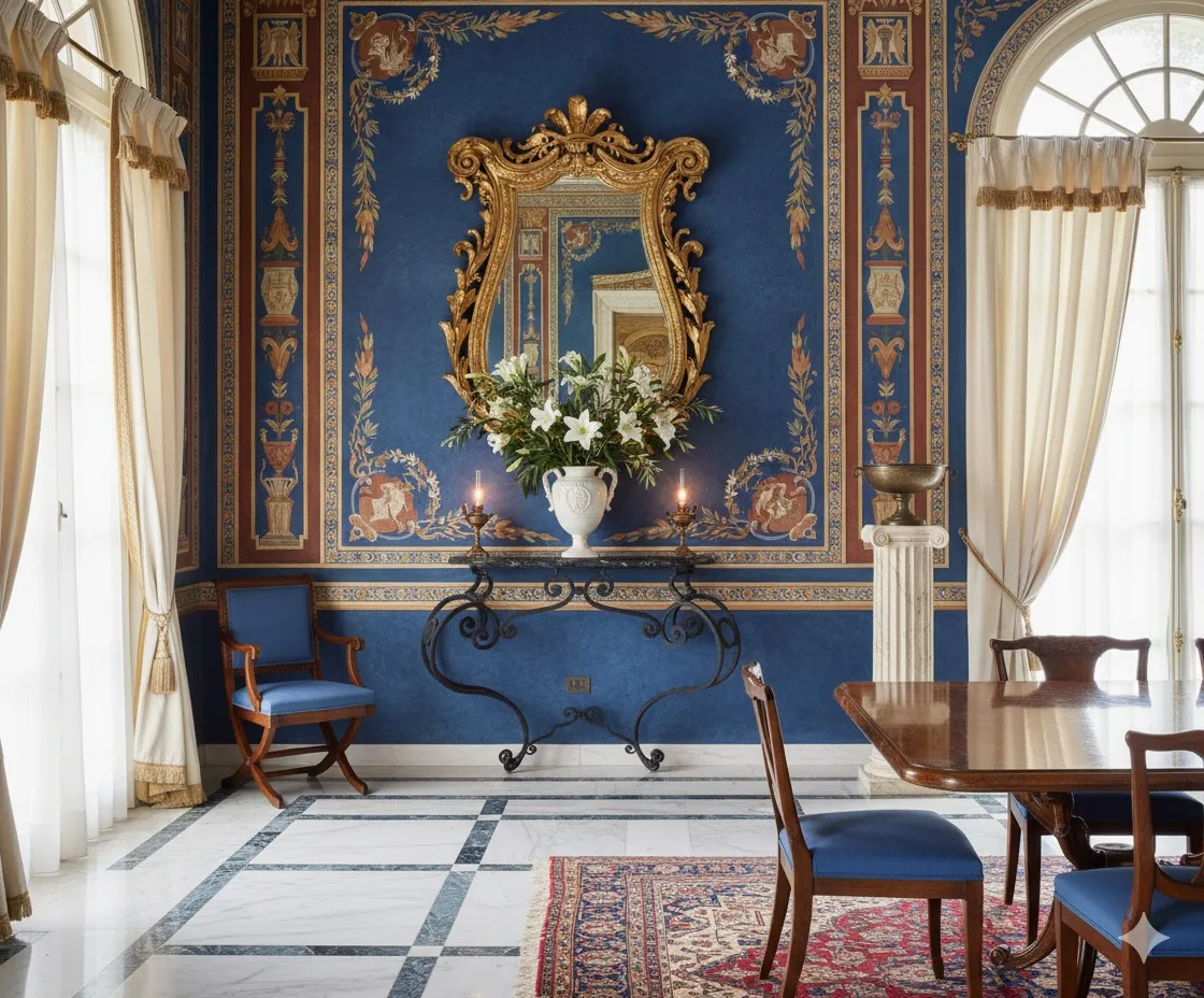 Antike dresuar mit eleganten Blumenarrangements in klassischer Umgebung