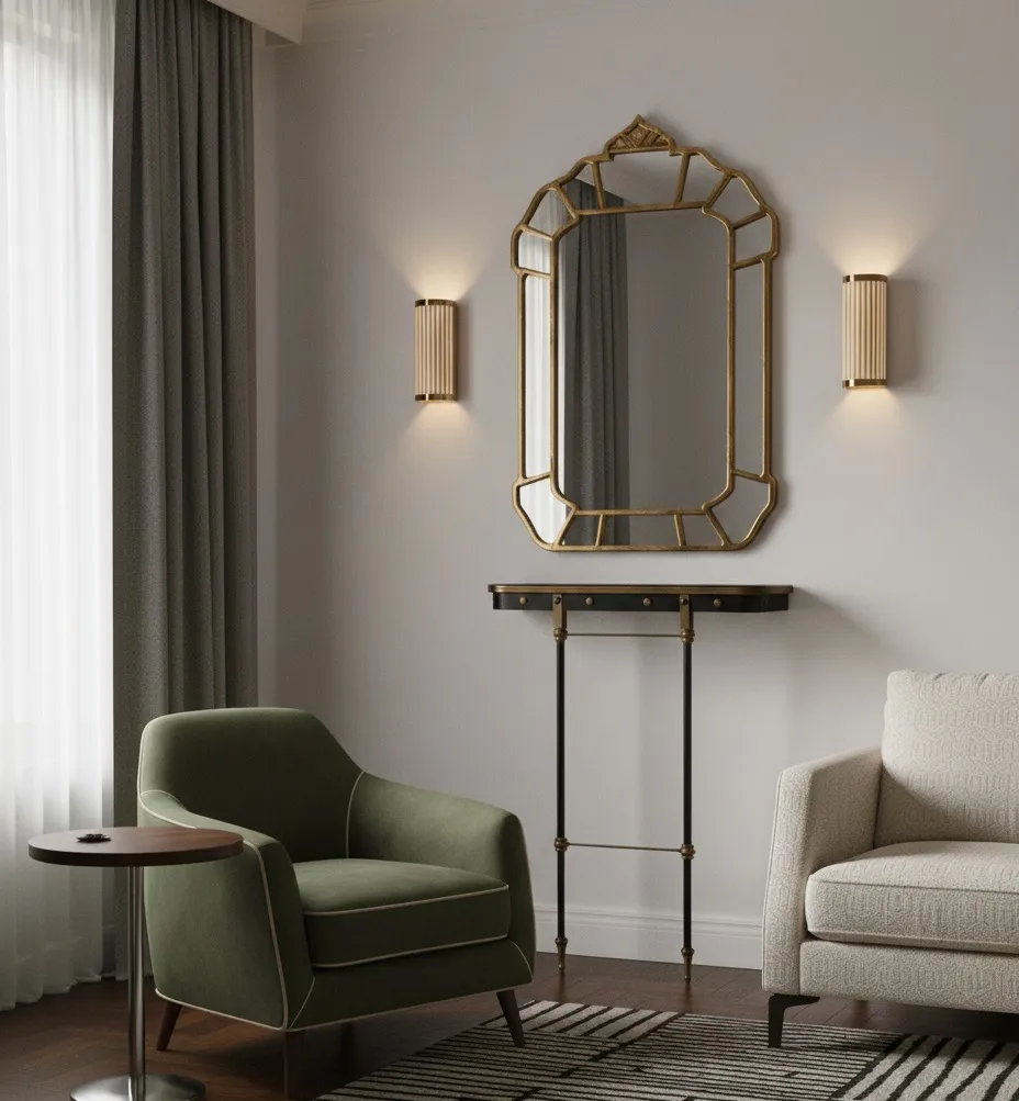 antique console with art deco details and mirror