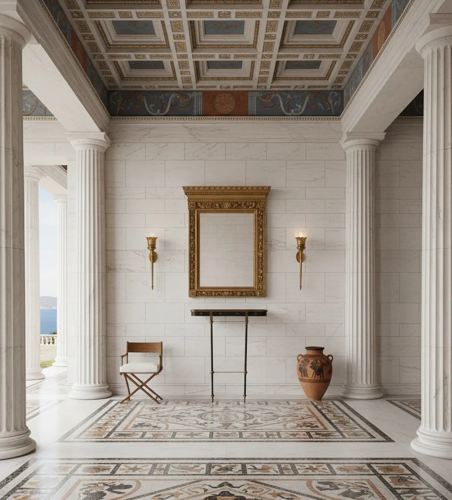 consolle antiche Art Deco in una stanza elegante con colonne e specchio