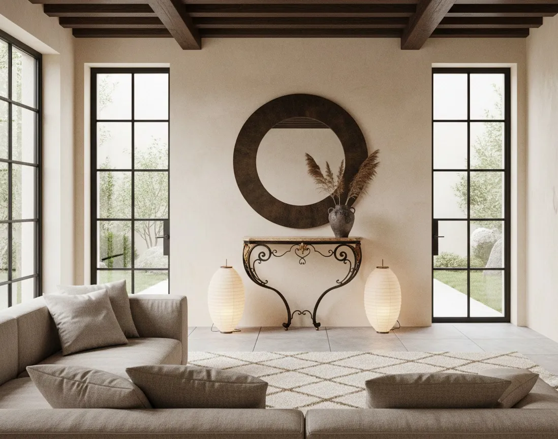 古董控制台桌，优雅的装饰，植物和镜子