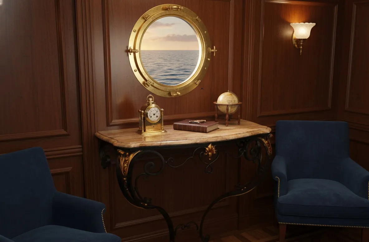 antique console with table clock and globe