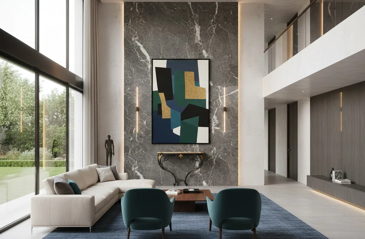 Античный дресуар эдгар брант в современном интерьере с абстрактным искусством.