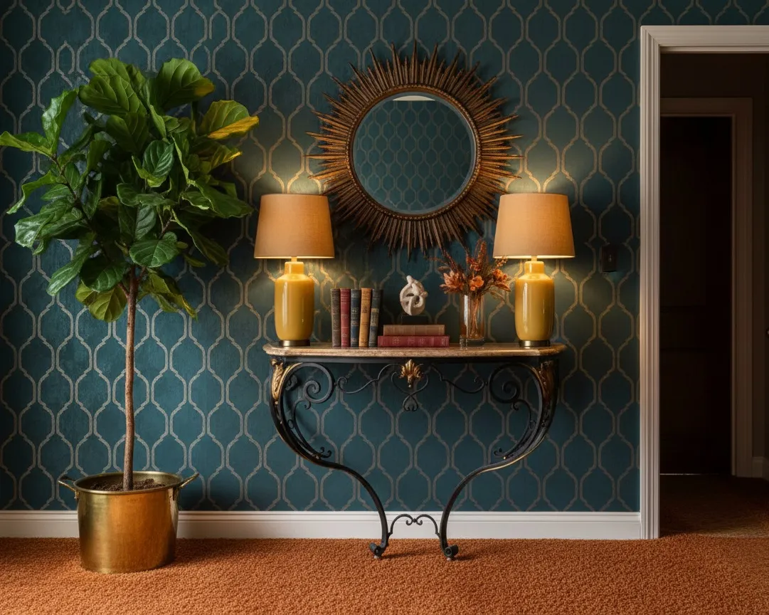 Consola antigua edgard brant, decorada con lámparas y libros