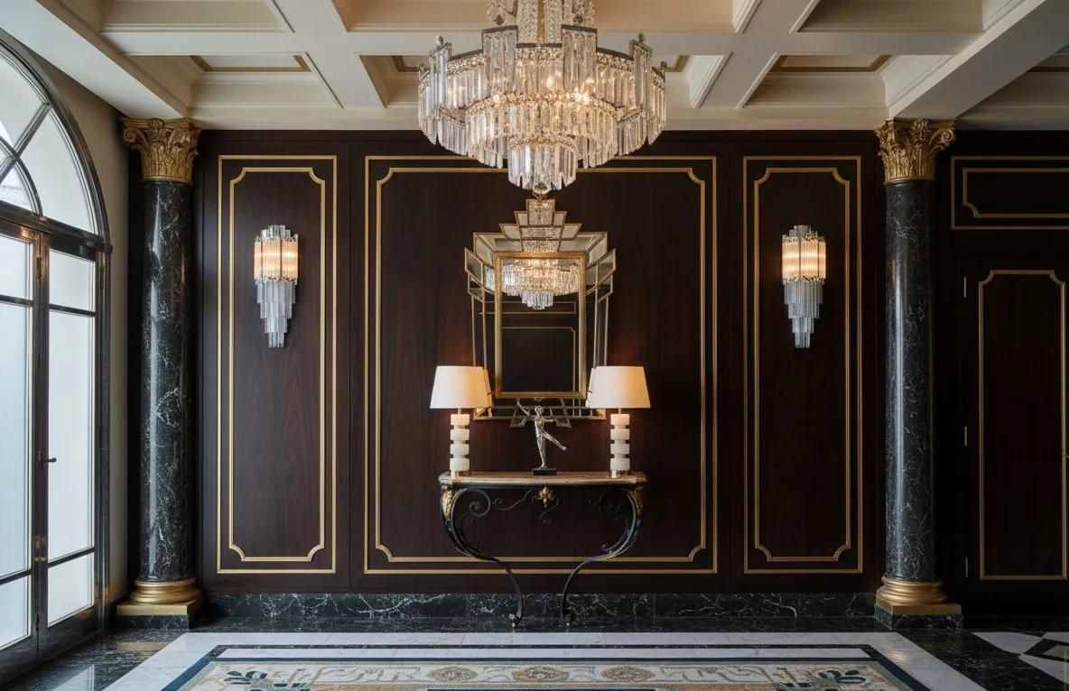 Consola antica con specchio e lampade eleganti in un ambiente classico