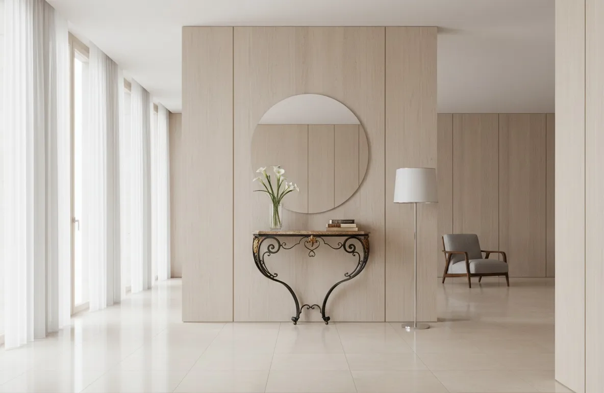 Consola antiga com design elegante e espelho redondo