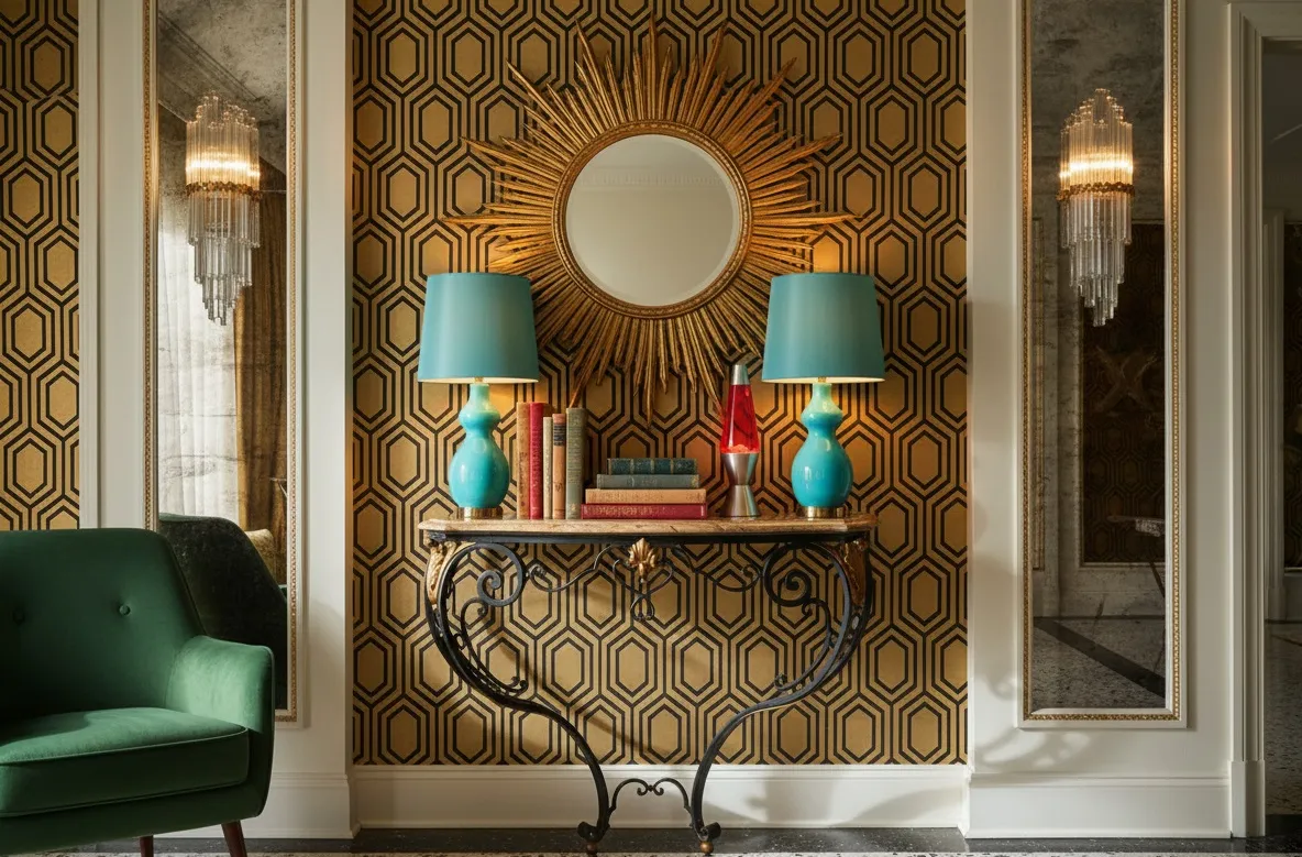 consola antigua edgard brant décorativa con lámparas azules y libros