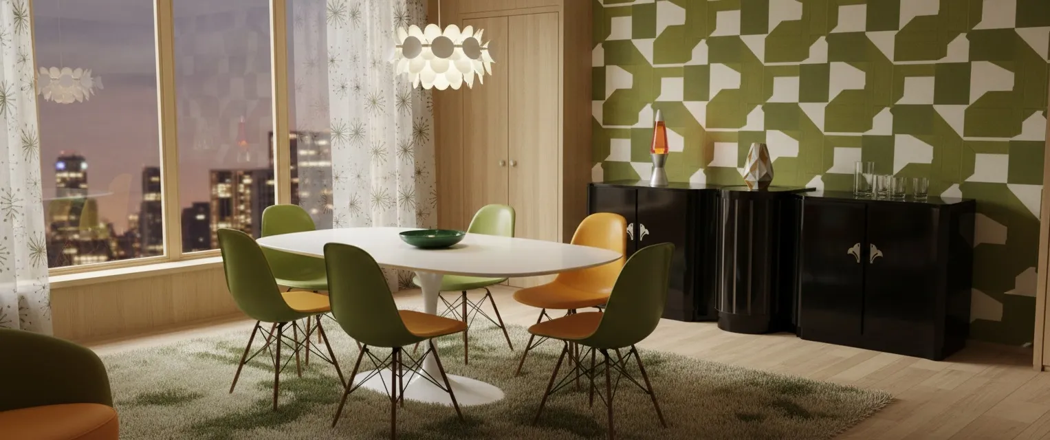 Aparador antigo em um ambiente moderno com cores vibrantes