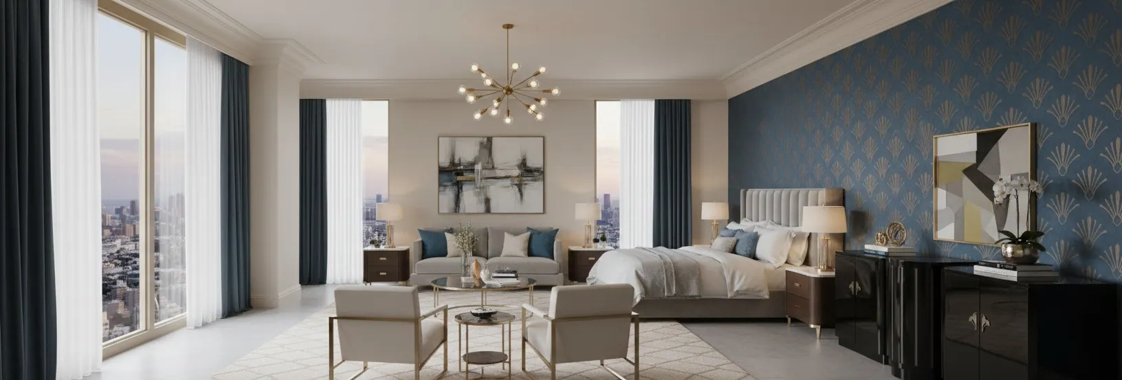 aparador antigo art deco em sala moderna com grandes janelas