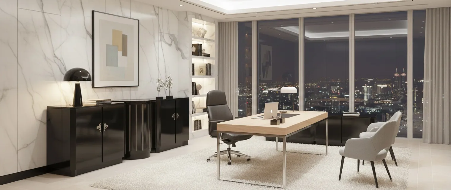 세련된 사무실의 검은색 고풍스러운 아르 누보 찬장