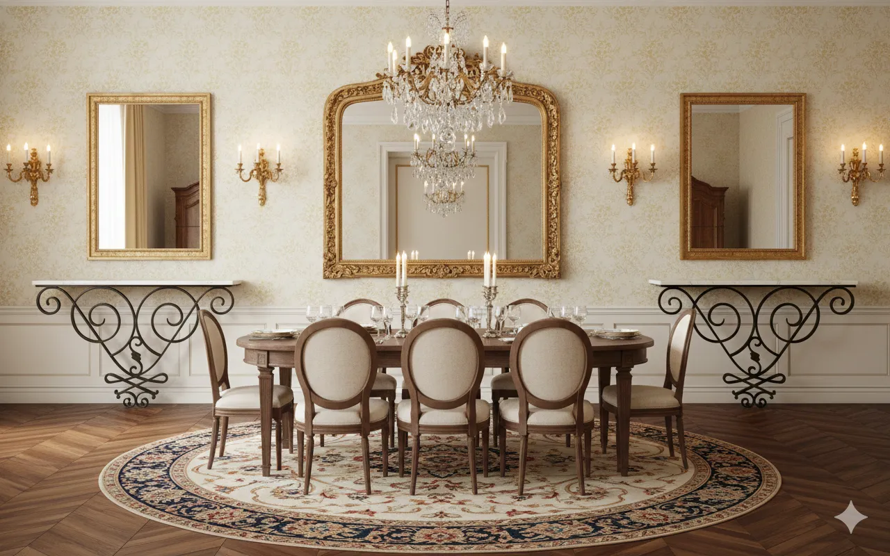 due antichi mobili dresuars in una sala da pranzo elegante con candelabri
