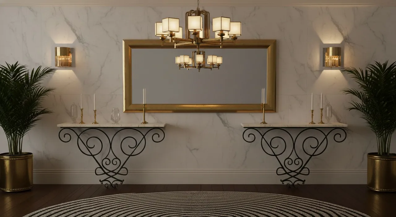 Zwei antike Konsolentische mit Kerzenhaltern und einem goldenen Spiegel