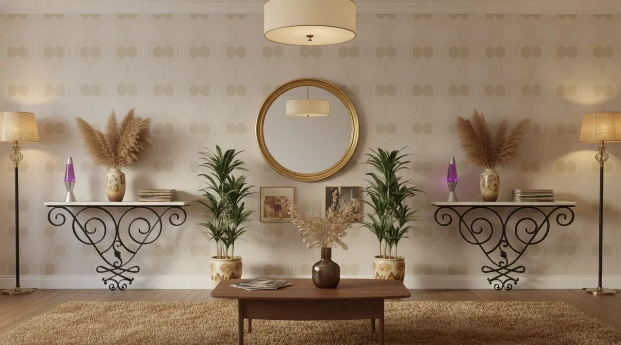 dos consolas antiguas en un ambiente decorativo con plantas