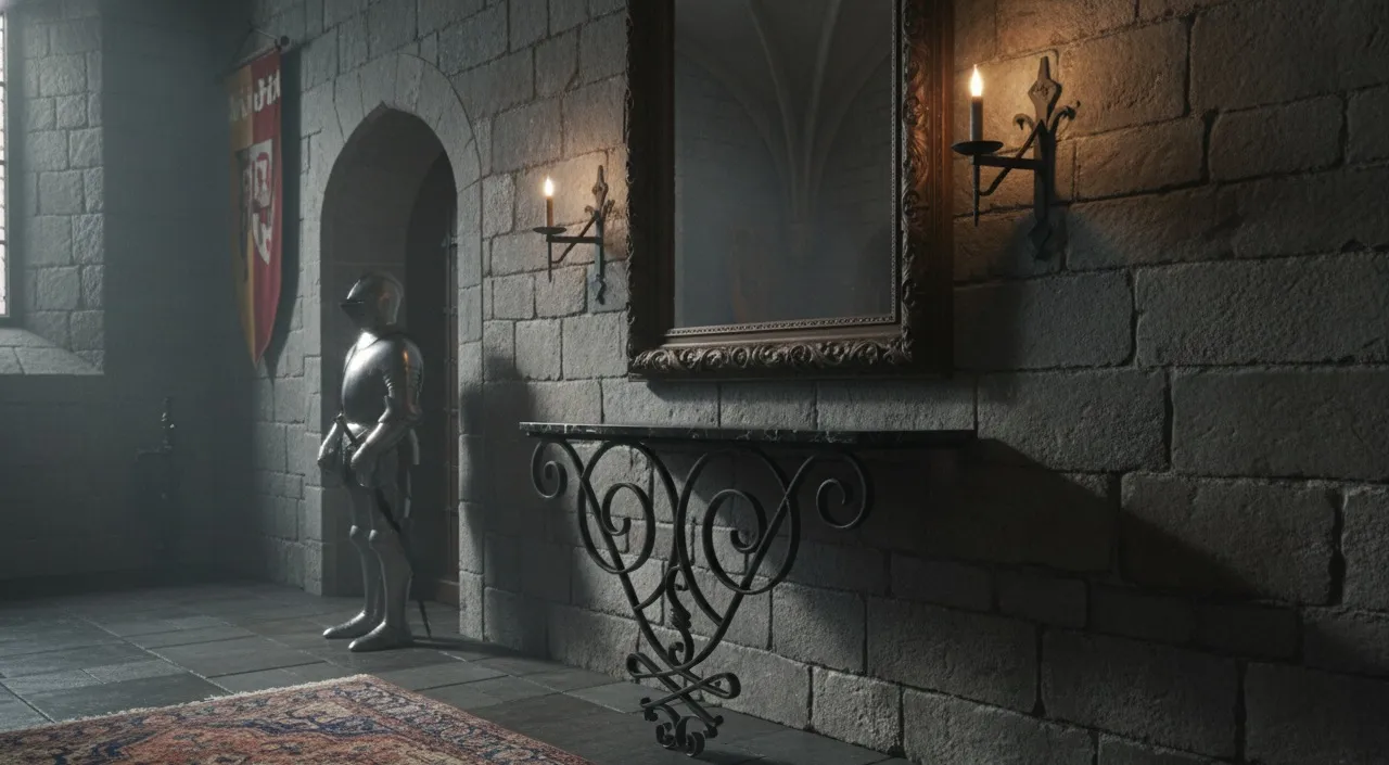 View of 2 antique consoles in a castle setting