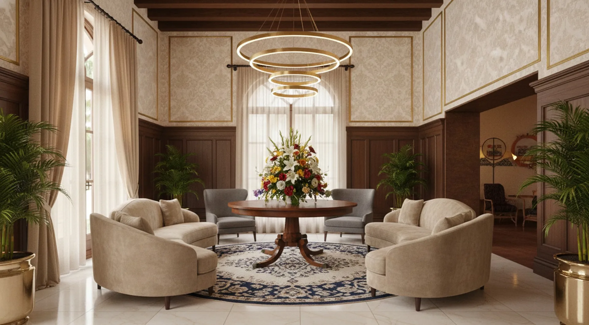 Античный обеденный стол с цветами в уютной обстановке