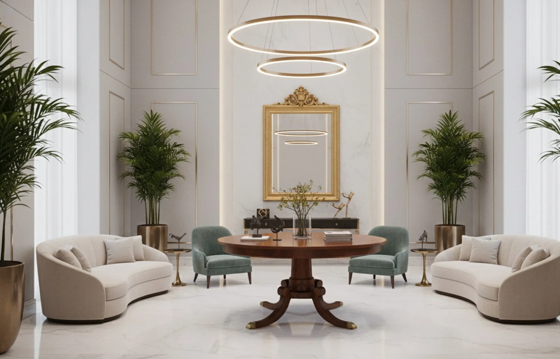 Mesa de jantar antiga em ambiente elegante com cadeiras verdes e plantas.