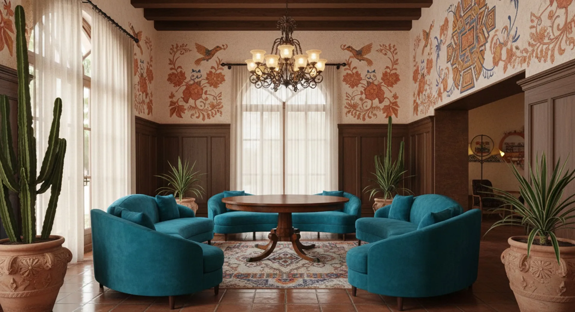 古いダイニングテーブルと青い椅子、居心地の良い雰囲気