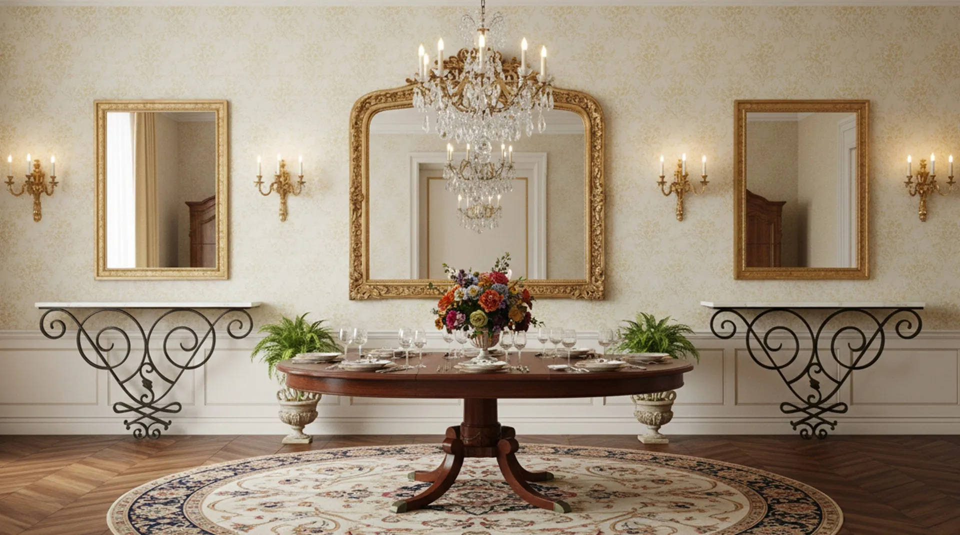 table à manger ronde ancienne avec fleurs et verres