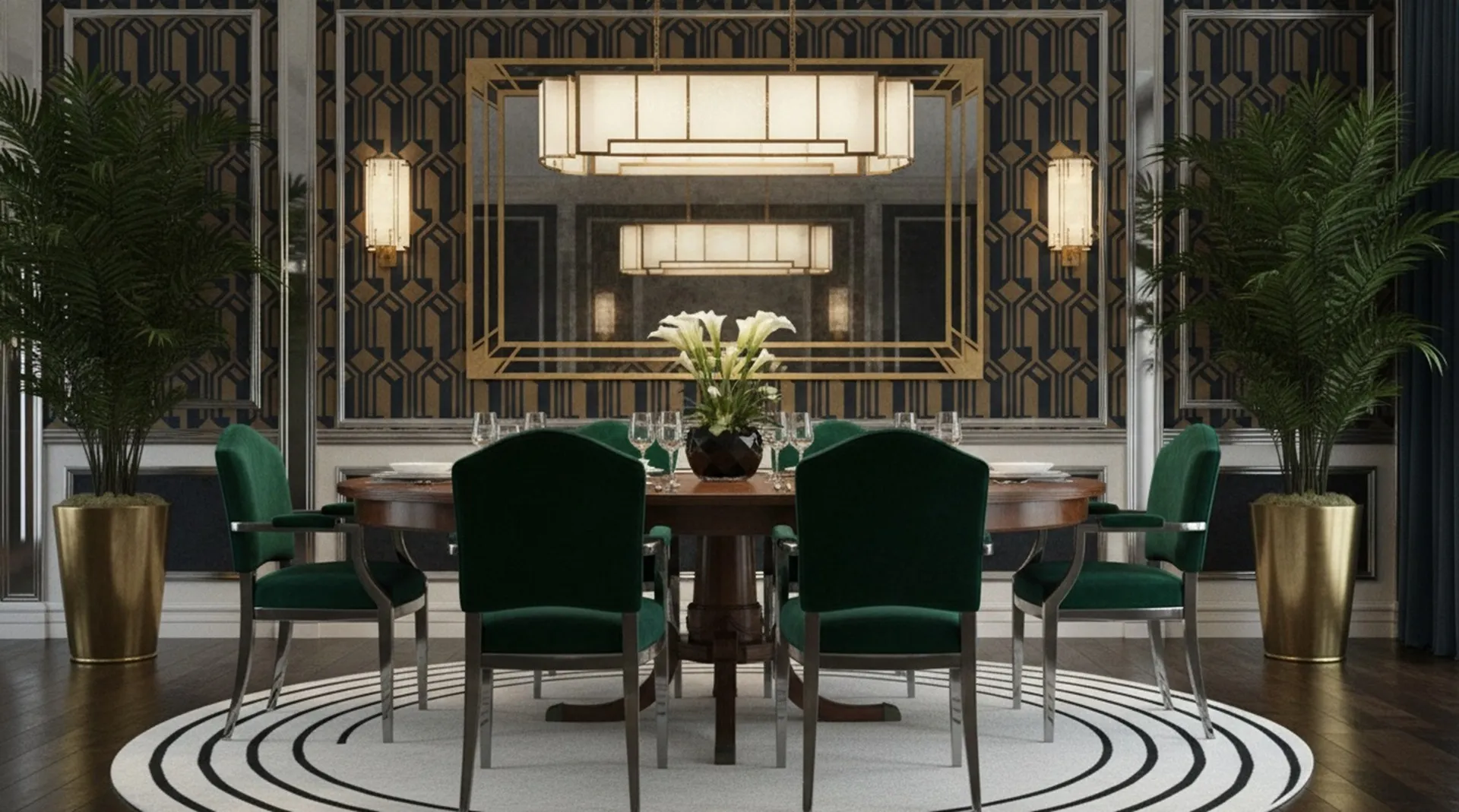 mesa de jantar antiga com cadeiras verdes em um ambiente elegante