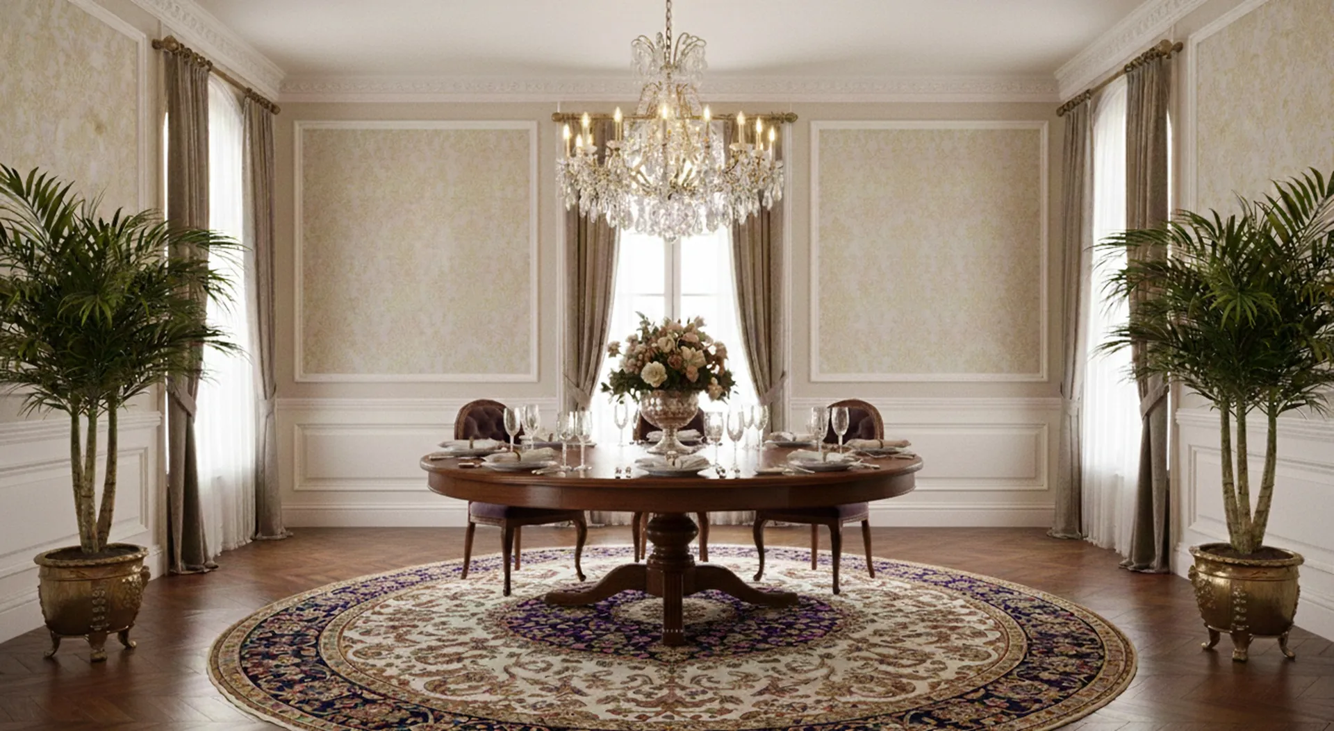 Mesa antiga de jantar, ideal para 8-6 pessoas, elegantemente decorada em um ambiente clássico.