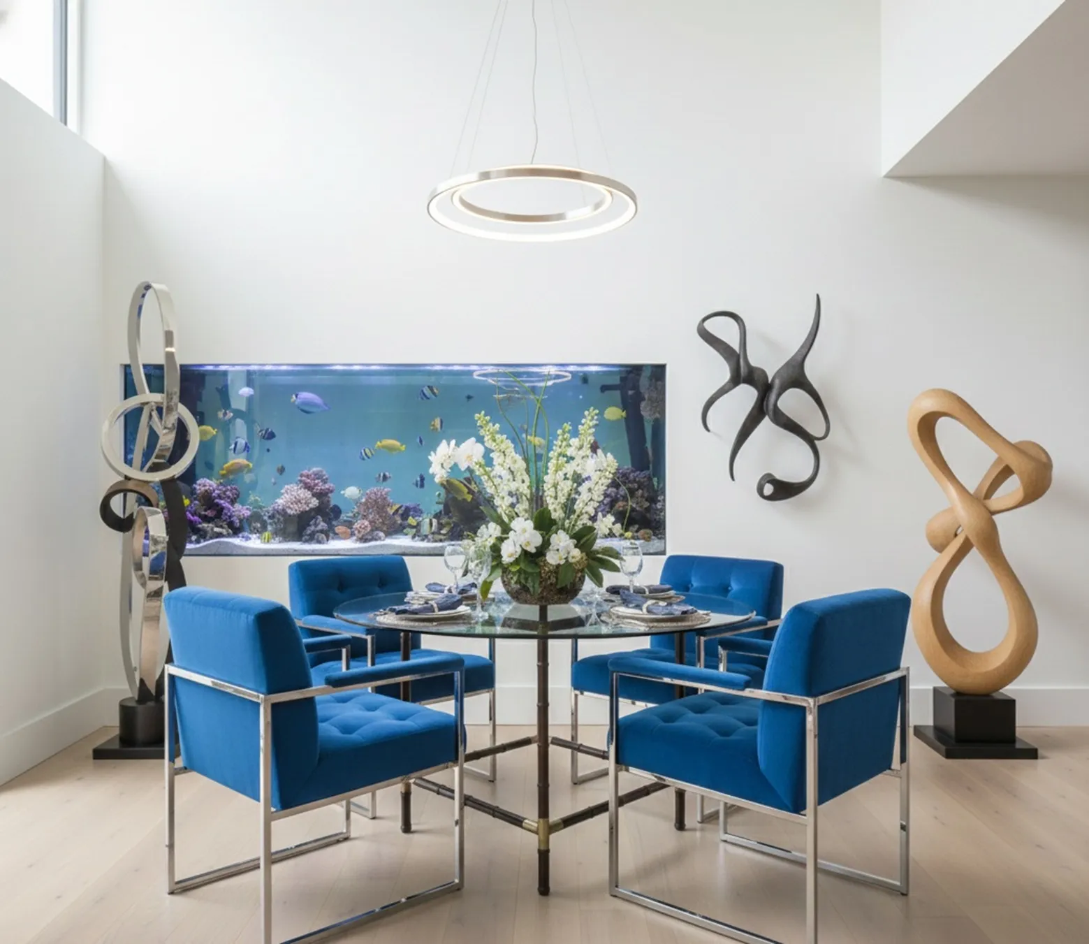 Antique dining table for 4 people in a modern setting with artistic decor