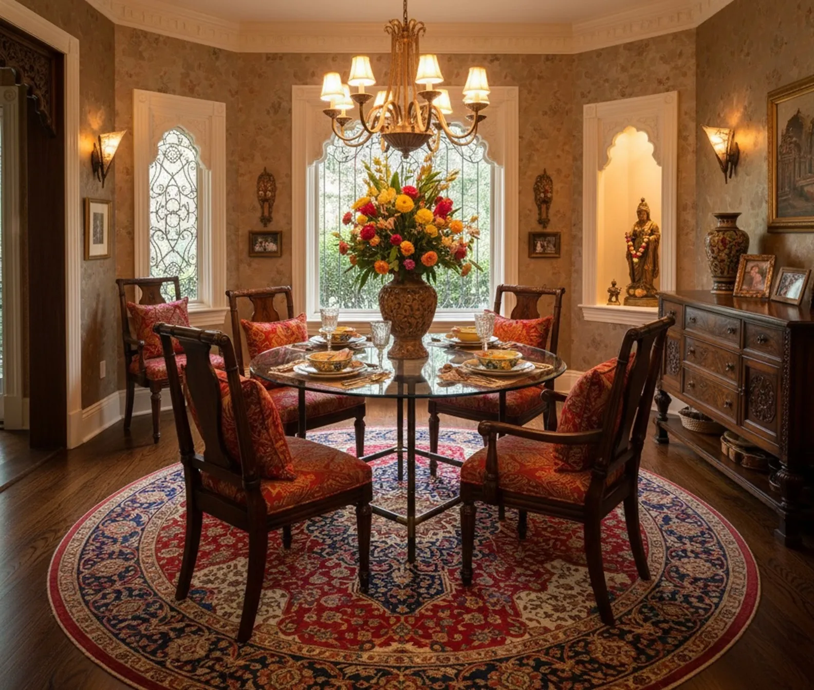 Tavolo da pranzo antico per 4 persone con decorazioni floreali e sedie eleganti in un ambiente accogliente.
