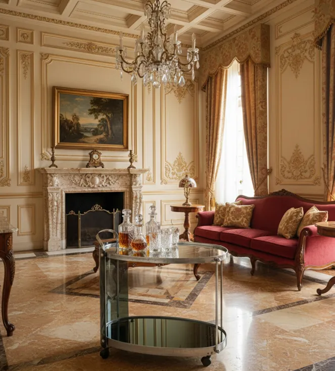 오래된 바 카트에 병과 유리잔이 있는 클래식한 살롱