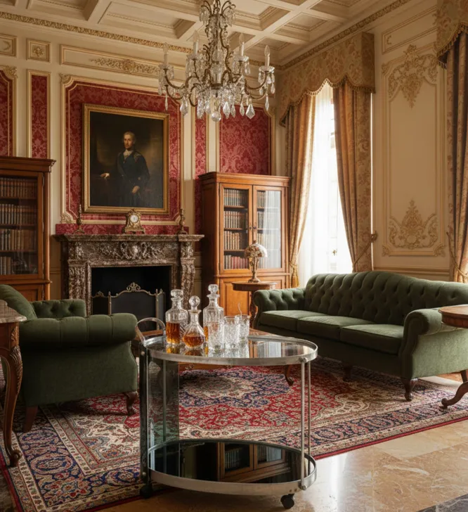 carrello per cocktail antico con design elegante, decorazioni e bicchieri