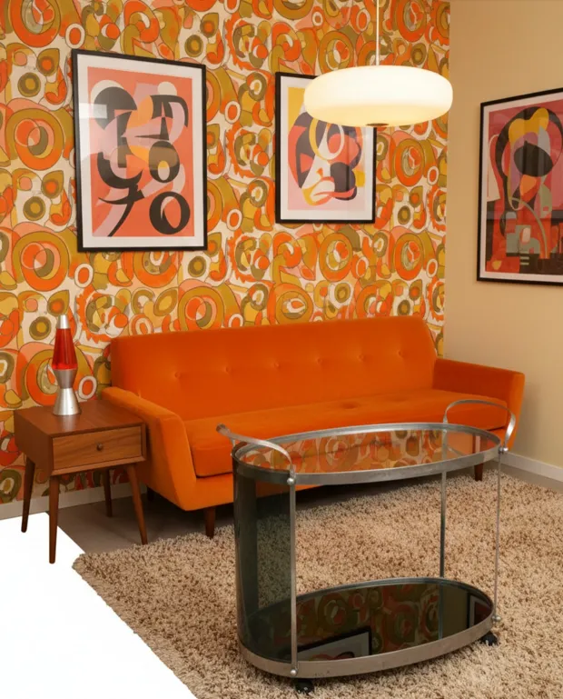 Antique cocktail trolley with modern design in a retro setting, orange decorations.