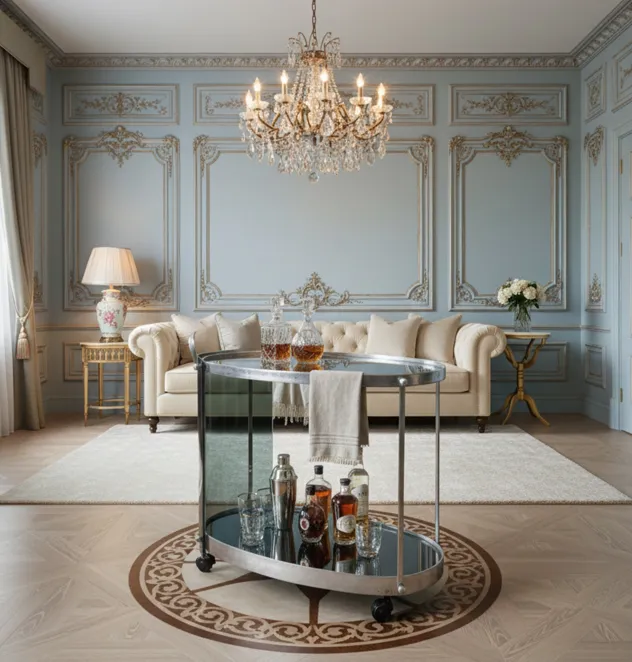 古董手推桌 Fontana arte，配有瓶子和玻璃杯