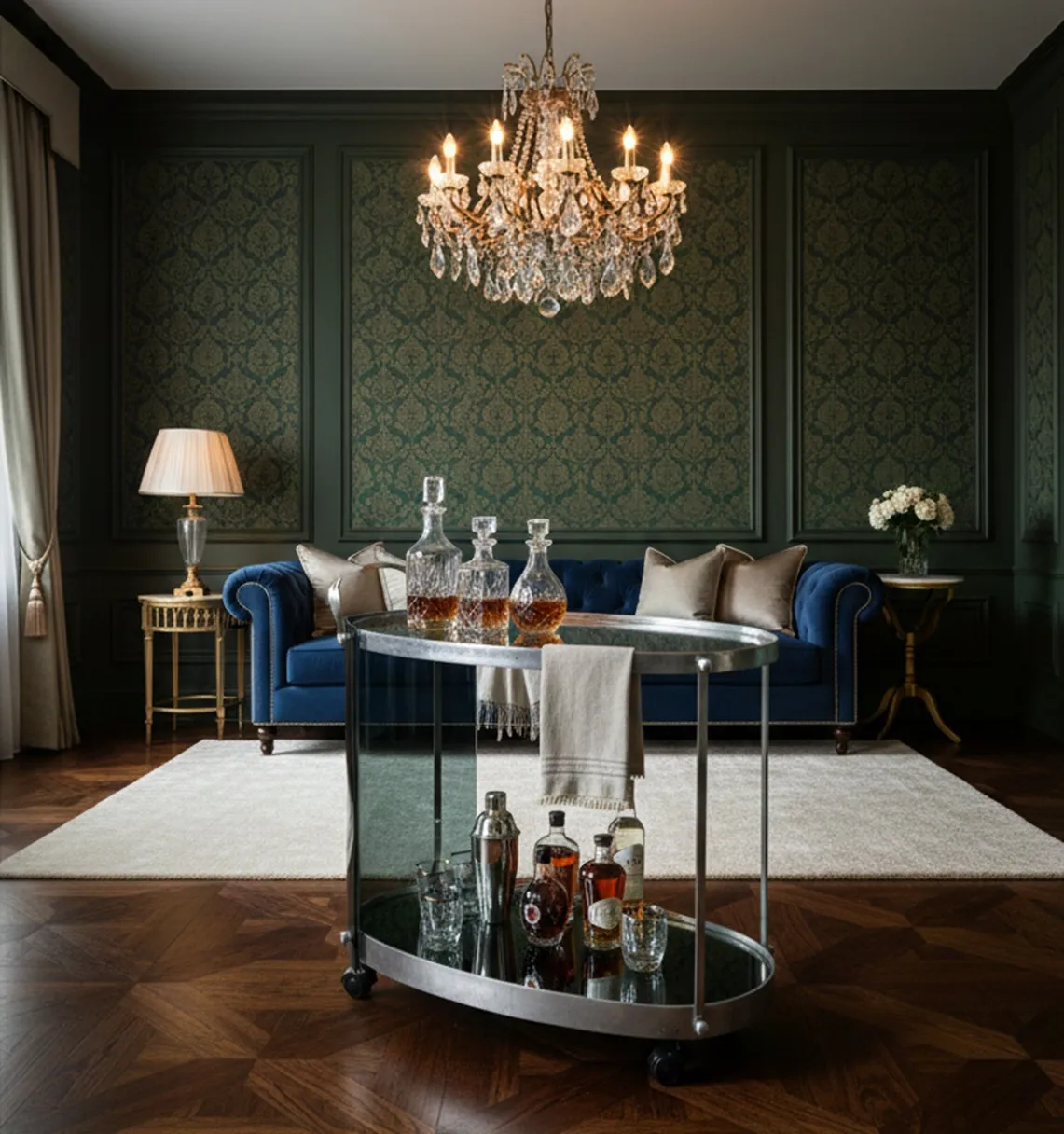 Carrello per cocktail antico con bottiglie di liquore e vetro, ambiente elegante.