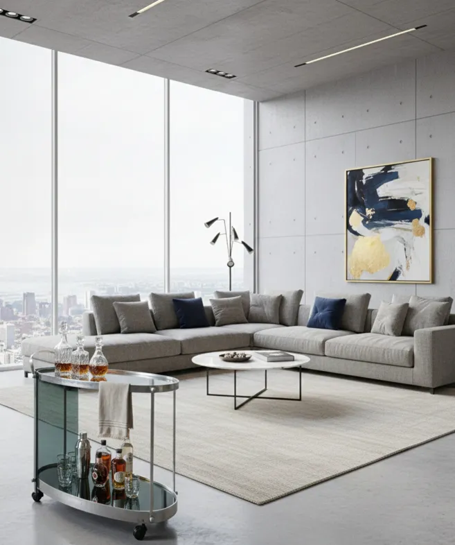 Mesa-carrinho antigo com garrafas e copos, ambiente moderno.